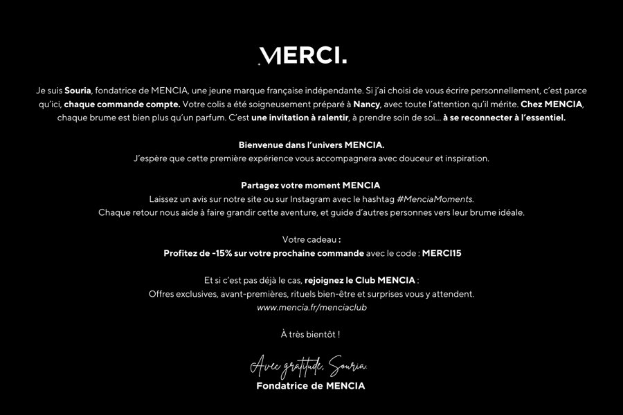 Carte de remerciement Mencia — verso, mot de la fondatrice