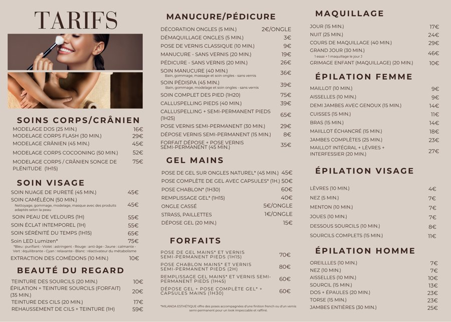 Flyer Milanoa Esthétique — verso, tarifs