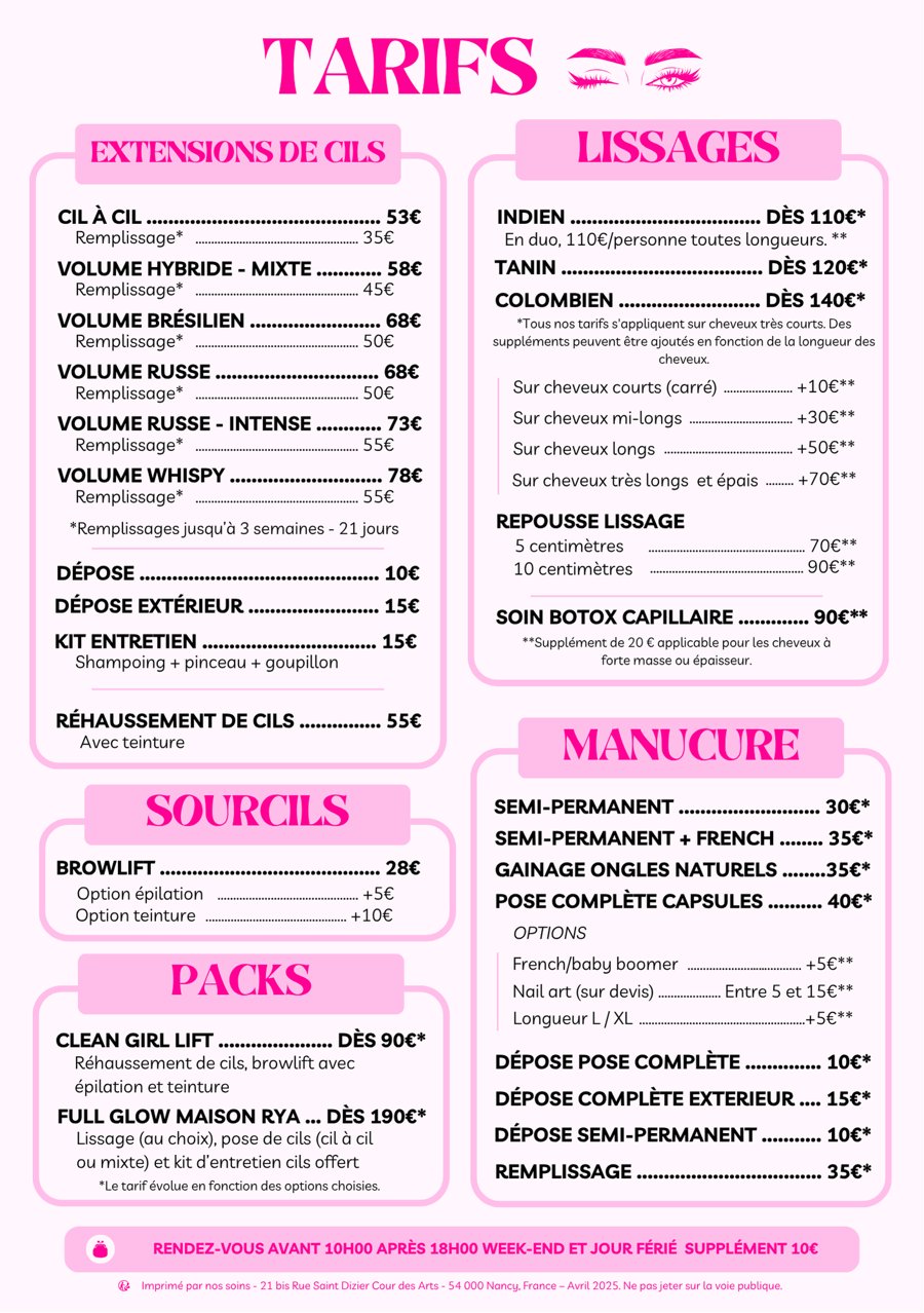 Flyer Maison Rya — verso, tarifs